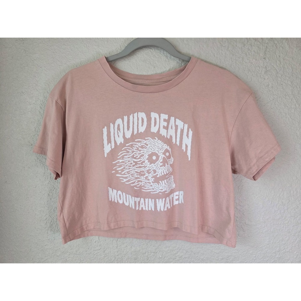 Liquid Death Mountain Water Graphic Crop Top Pink Skull Short Sleeve Boxy Tee M